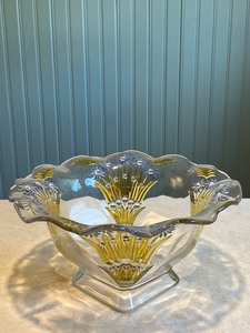 lot 13C image: Vintage Pressed Glass Bowl with Blue and Yellow Floral Design
