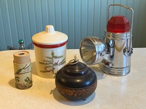 lot 17C image: Vintage Estate Lot with Hallmark Candle, Metal Lantern, Carved Lidded Box, and Illustrated Tube