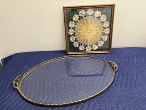 lot 60C image: Framed Crocheted Doily Artwork and Ornate Oval Glass Tray