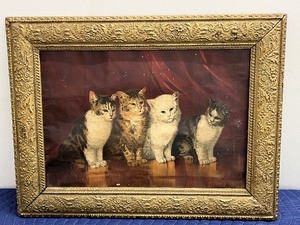lot 92C image: Framed Vintage Cat Print with Ornate Gold Frame