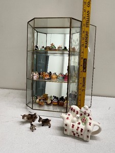 lot 109C image: Cat Figurine Collection with Glass Display Case and Animal Figurines