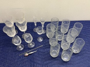 lot 111C image: Assorted Glassware Set with Etched Designs and Bar Accessories