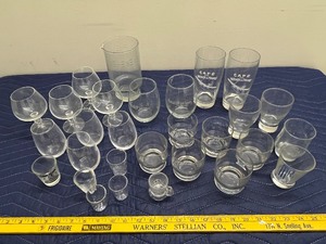 lot 112C image: Collection of Assorted Glassware Including Tumblers, Mugs, and Stamped Bar Glasses