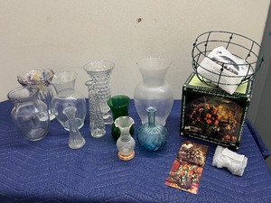 lot 114C image: Collection of 10 Glass Vases, Decorative Basket, and Floral Decor Set