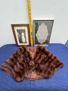 lot 119C image: Vintage Kneeter Furs Stole with Framed Photograph and Framed Lace Doily