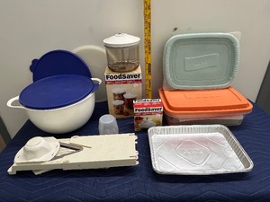 lot 120C image: Kitchen Storage and Prep Set with FoodSaver Containers, Mixing Bowl, Mandoline Slicer, and Food Storage Totes