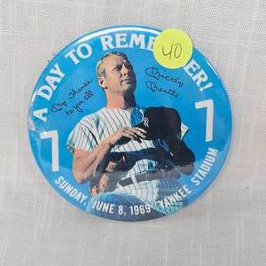 lot 40 image: 1969 Mickey Mantle Retirement Ceremony Pin-Back Button Cellophane