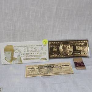 lot 54 image: Bleachers Cal Ripken Jr, $100 23 Kt Foil Bill Card #1922 Limited Edition