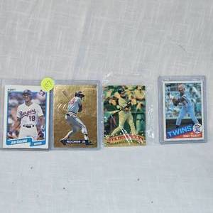 lot 107 image: Fleer 1990 Juan Gonzalez, 93 Rod Carew Pure Gold, Marty Cordova Topps Stadium Club, Topps Puckett Rookie Card