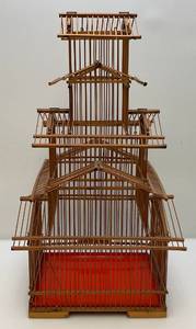 EST. $150.00-$290.00 Vintage Asain Pagoda Style Teak Wood And Bamboo Birdcage 10" x 13" x 28"