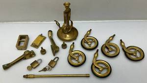 lot 88 image: Misc. Vintage Brass Items Including Caster Wheels, Ships Candle Holder And More