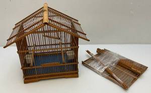 lot 93 image: Vintage Asain Teak Wood And Bamboo Birdcage 11 x 13 x 15 With Additional Pieces