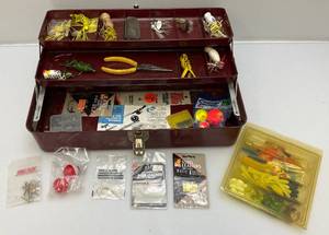 lot 103 image: Vintage Metal Tackle Box With Vintage Lures