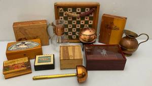 lot 205 image: Misc. Vintage Items Including Wooden Boxes And Copper Items