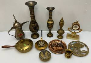 lot 208 image: Misc. Vintage Brass Items Oincluding Cherub Clock And More