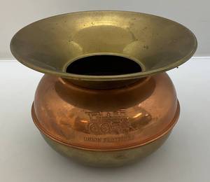 lot 210 image: Vintage Union Pacific R.R. Cooper And Brass Spittoon With Double Sided Embossed Locomotive