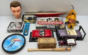 lot 213 image: Vintage Toy Lot Including Dr. Who Monopoly,Lassie Tin Lunch Box, Pond Boat And More