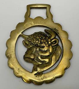 lot 225 image: Antique Ornate Bull Adorned Brass Horse Bridle Medallion 3 x 4