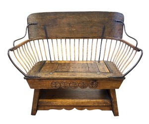 lot 8 image: Antique Wooden Buggy Bench with Metal Spindles and Carved Motif