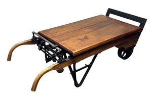 lot 17 image: Vintage Grain Scale Coffee Table  Vintage Scale Cart Coffee Table with Cast Iron and Wood