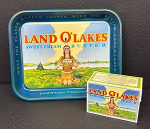 lot 27 image: Vintage Land O Lakes Sweet Cream Butter Metal Tray and Recipe Box