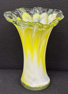 lot 121 image: Art Glass Fluted Vase with Yellow and White Swirl