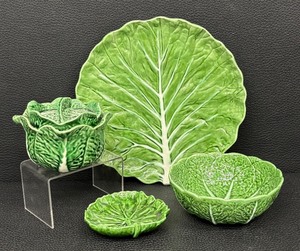 lot 152 image: Set of Portuguese Cabbage Majolica Platter, Bowls, and Covered Dish by Faiancas Belo, Freeman and More