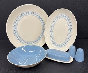 lot 154 image: Vintage Homer Laughlin Richelieu Serving Set with Platters, Bowl, Butter Dish, Salt & Pepper Shakers