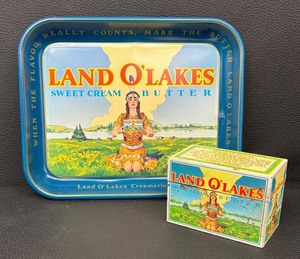 lot 199 image: Vintage Land O Lakes Metal Recipe Box and Advertising Tray