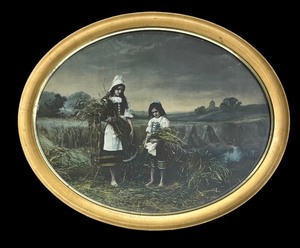 lot 201AA image: Tinted Oval Framed Print of Two Girls in Field