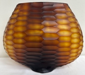 lot 12 image: Large Oval Shaped Amber Glass Vase with Contemporary Honeycomb Design - Circa 1990s