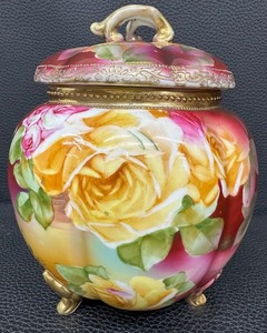 lot 21 image: Antique Hand Painted Nippon Squash Shaped Biscuit Jar with Floral Design