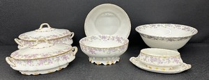 lot 78 image: 7-Piece Antique PM Bavaria Floral Porcelain Serving Set with Covered Bowls and Gravy Boat