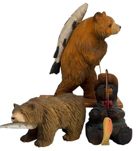lot 221 image: Set of 3 Wooden Bear Fishing Figurines Including TJ Carver and JDC, 8 Inches High