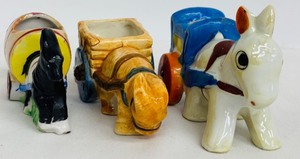 lot 222 image: Set of 3 Vintage Japanese Ceramic Donkey and Cart Figurines