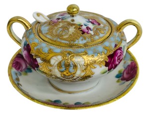 lot 229 image: Vintage Nippon Hand-Painted Sugar Bowl with Lid, Saucer and Spoon