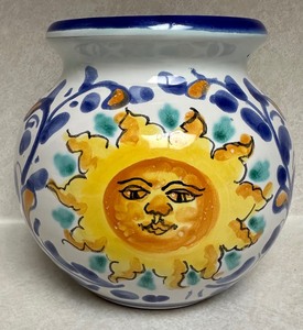 lot 47A image: Hand-Painted Italian Pottery Vase by Vietri with Sun Face Design
