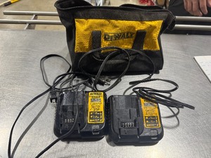 lot 42 image: Two DeWALT Battery Chargers (DCB107 and DCB 107) with DeWALT Bag.  Tested. Work.