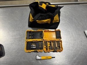 lot 56 image: DeWALT Right Angle Attachment. Two Partially Complete Bit Cases and DeWalt Bag.