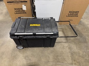 lot 57 image: DeWalt Tough Chest Mobile Storage Unit (missing latches, otherwise in good shape) Rolling with Handle. 38 x 24 x 24.