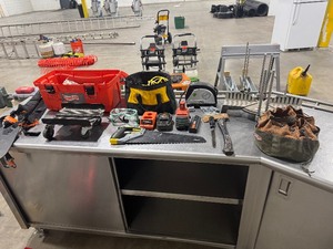 lot 173 image: Handy Mans Lot of Misc. Tools, batteries, snowmobile dolly and more - See Photos.