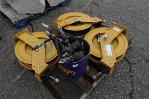 lot 468 image: 3 Graco Oil Hose Reels with Digital Meter Nozzles