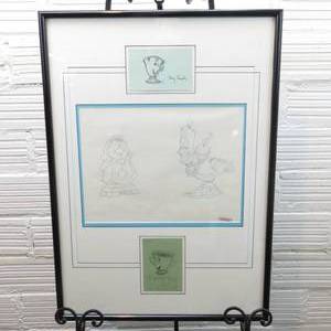 lot 155 image: 30 x 22 Beauty and the Beast Chip, Lumiere & Cogsworth one-of-a-kind Sketches - Signed by Animators