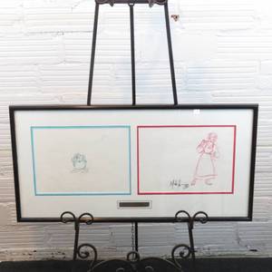 lot 170 image: 35 x 18 Framed Set of Original Beauty and the Beast One-of-a-kind Sketches Belle and Cogsworth - SIGNED