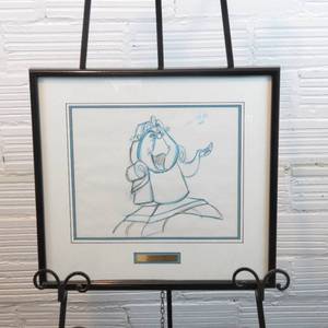 lot 171 image: 20 x19 Framed one-of-a-kind Production Animation Pencil Drawing of Cogsworth Beauty and the Beast
