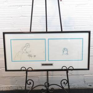 lot 179 image: 34 x 16 Production Animation Pencil Drawings of Beauty and the Beast Belle and Cogsworth SIGNED RARE