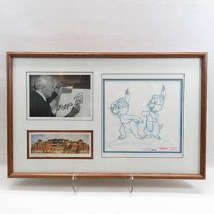 lot 69 image: Framed Chip n Dale Pencil Drawing Sketch and 3 Bill Justice Autographs 27 x 18