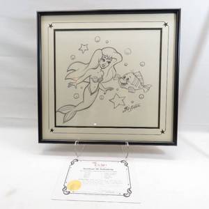 lot 128 image: 22 x 23 The Little Mermaid 1990s Bill Justice Pencil and Ink on a Cloth Napkin Double Signed