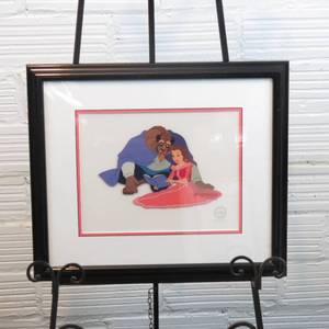 lot 169 image: 21 x18 Framed Beauty and the Beast Belle and Beast Cozy Couple Sericel Limited Edition of 5000