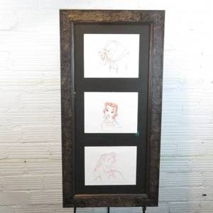 lot 177 image: 46 x 23 Framed and Matted Signed Character Production Sketches Beauty and the Beast, Gaston, Belle, Beast
